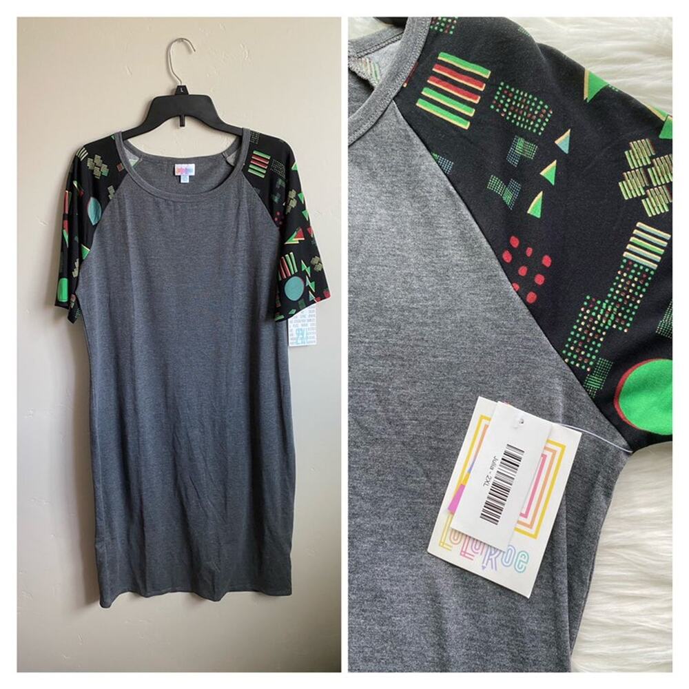 Lularoe Geometric Sleeves Gray Julia Raglan Pencil Dress Sz 2XL NWT - Picture 3 of 9